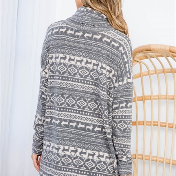 Reindeer Print Long Sleeve Tunic Cowl Neck Front knot top - Picture 6 of 11